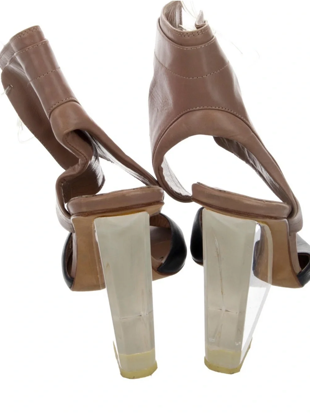 Women Open-Toe Ankle Bootie in Brown and Black with Clear Block Heel